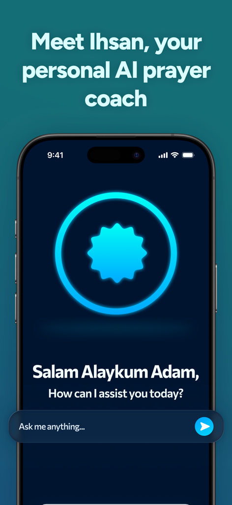 Just Pray: Track Muslim Prayer - Interface do coach de oração por IA Ihsan no aplicativo Just Pray cumprimentando um usuário