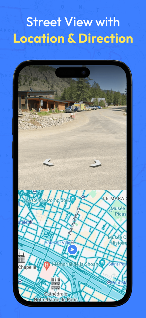 Street View Map- Live Earth 3D - A split-screen view on an iPhone showing a real-world street view above a detailed city street map for navigation.