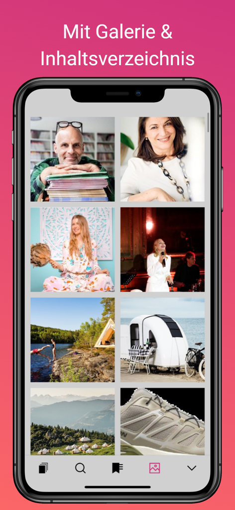 App-Oberfläche, die eine Galerie von Lifestyle-Bildern aus dem DONNA Magazin DE zeigt.