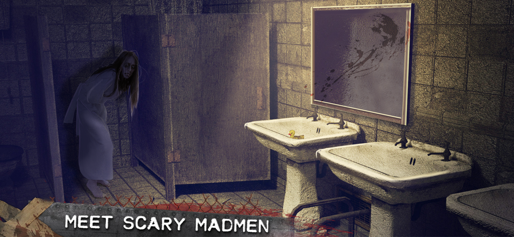 A scary woman in a white gown peeks from behind a stall in a grimy hospital bathroom with a blood-stained mirror and sinks.