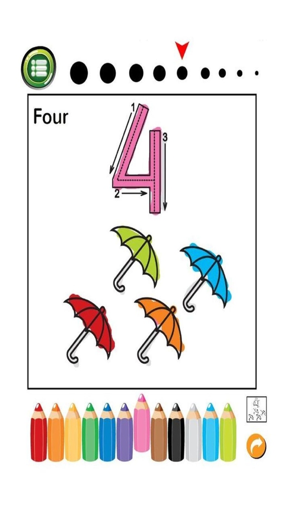 Numbers Tracer Phonics Coloring Book: Learning Basic Math Free For Toddlers And Kids! - Tela de aplicativo educacional mostrando um guia de rastreio para o número quatro com quatro guarda-chuvas coloridos e lápis de cor digitais