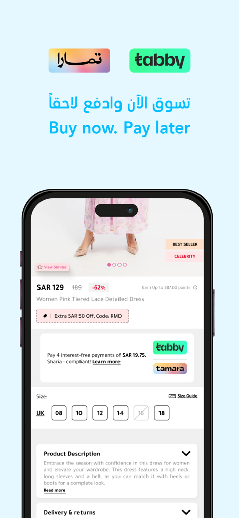 REDTAG Online-Shopping-App zeigt eine Produktseite für ein pinkes Kleid mit 'Jetzt kaufen, später zahlen'-Optionen über Tamara und Tabby