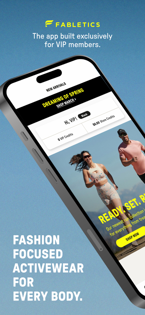 Fabletics: Premium Activewear - Écran promotionnel de l'application Fabletics mettant en avant l'adhésion VIP et les vêtements de sport haut de gamme pour tous