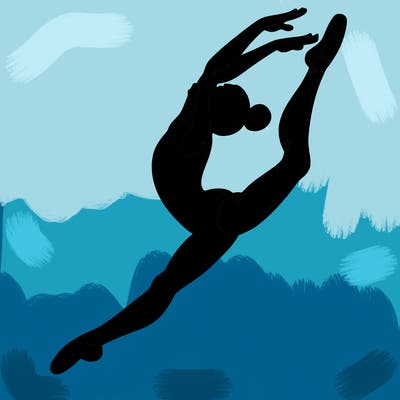 gymnast doing a leap in a leotard with a bent back leg