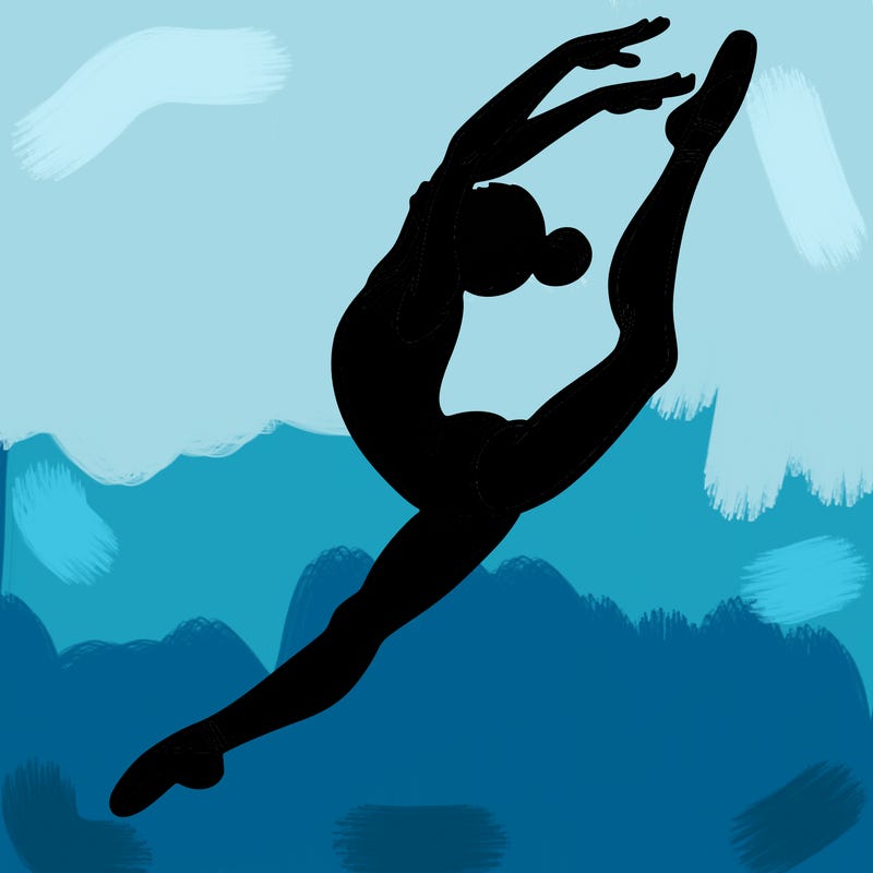 gymnast doing a leap in a leotard with a bent back leg