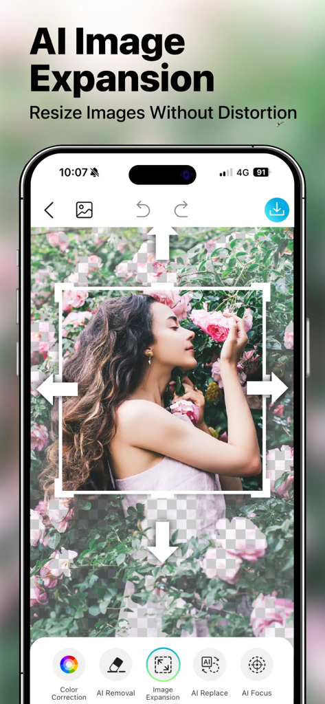 YouCam Enhance: Photo Enhancer - App YouCam Enhance che dimostra la funzionalità di espansione immagine AI su un ritratto di una donna in un giardino