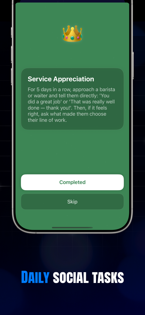 A mobile app screen from Socializer showing a daily social task titled Service Appreciation with instructions to compliment service staff