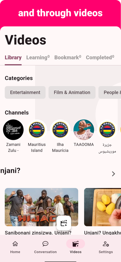 Zulu - Listening Speaking - Zulu Listening Speaking app video library showing educational video categories and channels