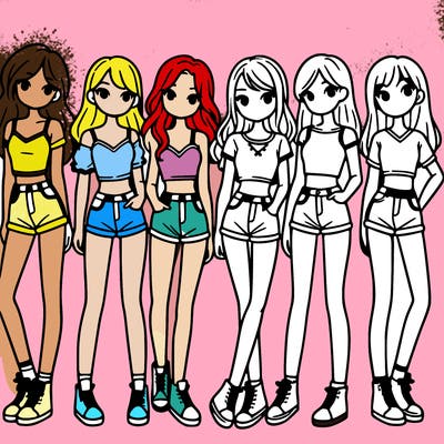 a group of girls wearing crop tops and shorts