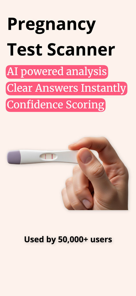 Pregnancy Test Checker: Linify - Una mano sosteniendo una prueba de embarazo positiva con análisis impulsado por IA y resaltados de puntuación de confianza de la aplicación Linify