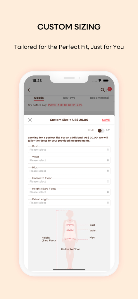 Interfaz de la aplicación móvil para introducir medidas personalizadas para un vestido a medida.