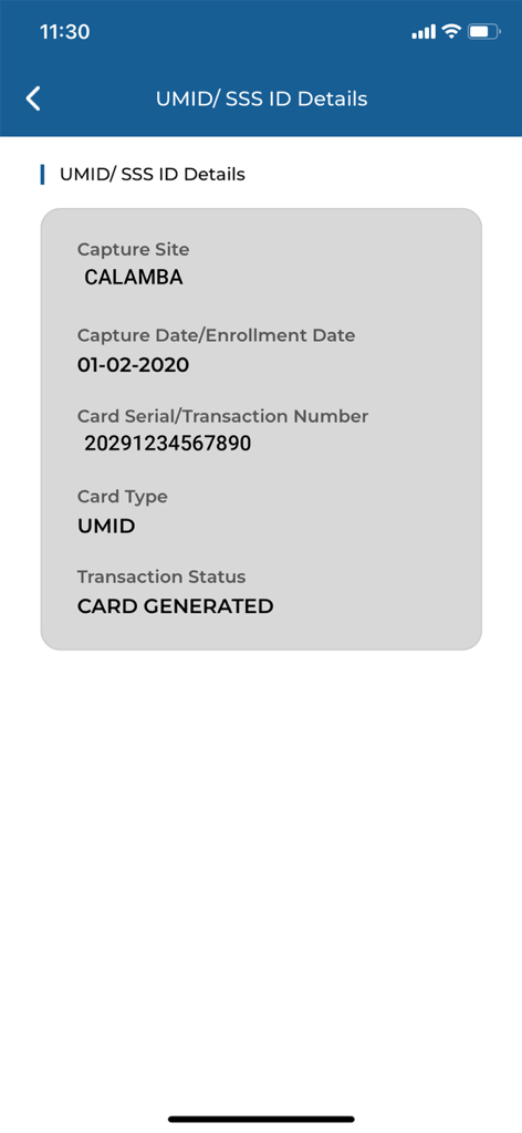 MySSS - Oberfläche, die UMID- und SSS-ID-Details anzeigt, einschließlich Kartenstatus und Transaktionsnummer