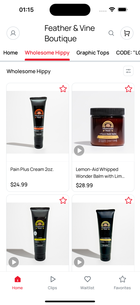 Feather and Vine Boutique app displaying Wholesome Hippy beauty products.