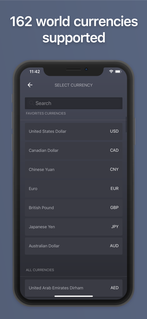 Schermata di selezione della valuta nell'app BalanceViewer che visualizza valute mondiali supportate come USD ed Euro