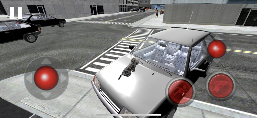Neko Simulator NekoZ - Gameplay screenshot of Neko Simulator NekoZ showing a cat on the hood of a car in a city setting with on screen controls