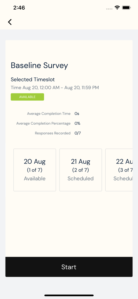 ExpiWell - ExpiWell app baseline survey screen showing schedule and response statistics