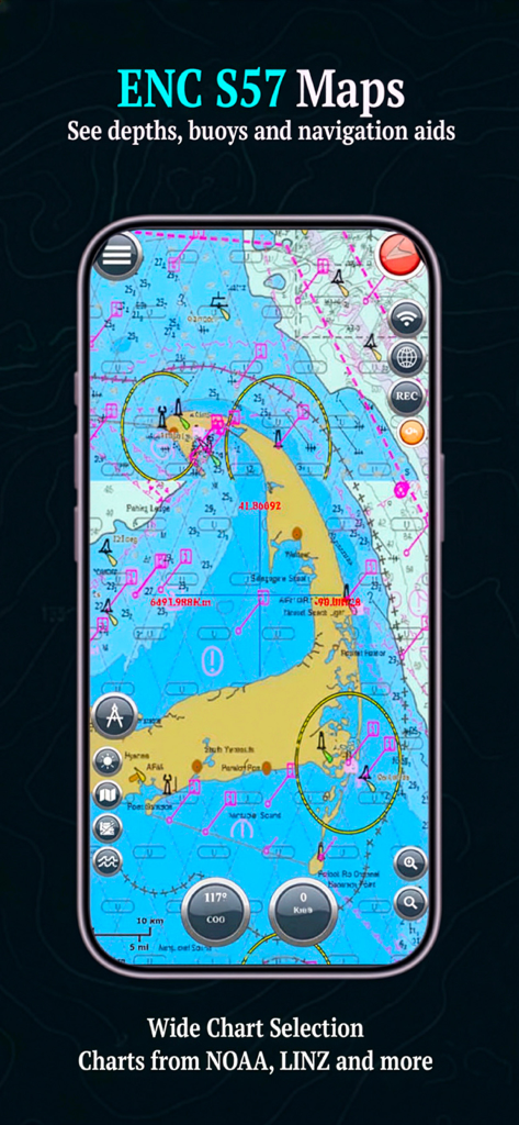 Marine-Navigations-App zeigt ENC S57-Karten mit Tiefen und Bojen