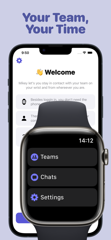 TeamsSync for Microsoft Teams - Interfaz de la aplicación TeamsSync en Apple Watch mostrando opciones para Teams y Chats