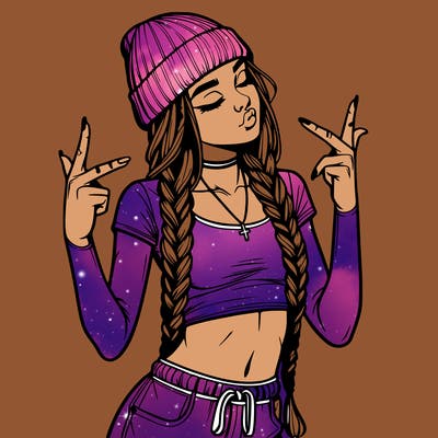 realistic teenage girl with braids and a beanie and crop top doing 🫶🏼