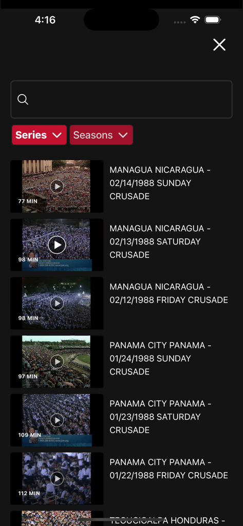 SBN NOW app screen displaying a list of archived religious crusades from Nicaragua and Panama
