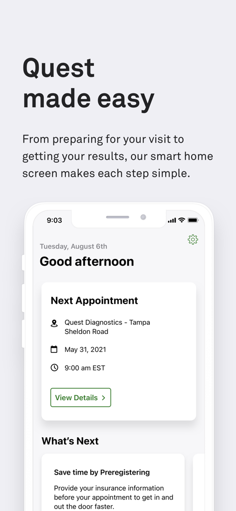 MyQuest app home screen displaying details for a next appointment and options to preregister