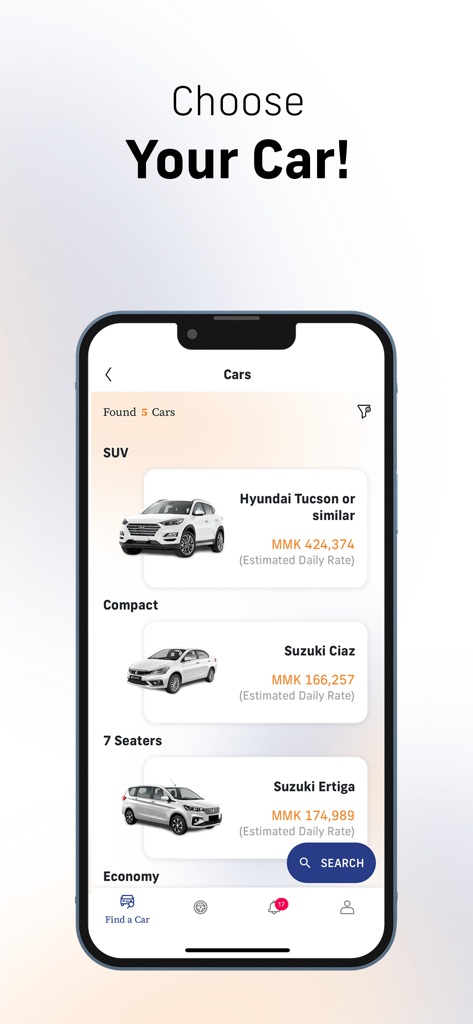 Yoma Car Share - Schermata dell'app Yoma Car Share che mostra i modelli di auto disponibili e le tariffe giornaliere.