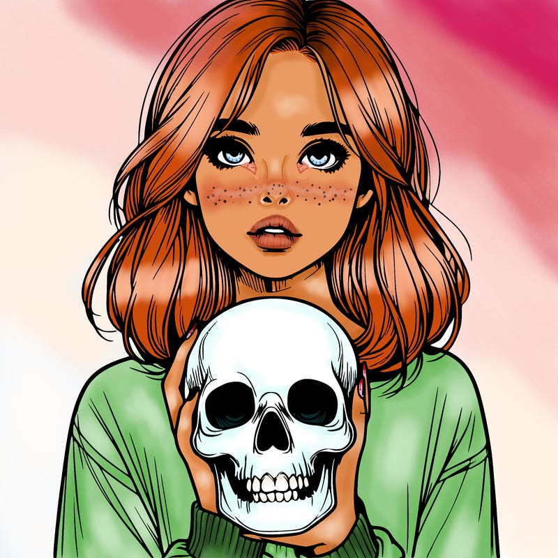 realistic girl holding a skull