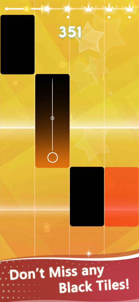Magic Beat Piano - EDM Tiles - Gameplay screenshot of Magic Beat Piano showing falling black and orange tiles on a vibrant yellow background.