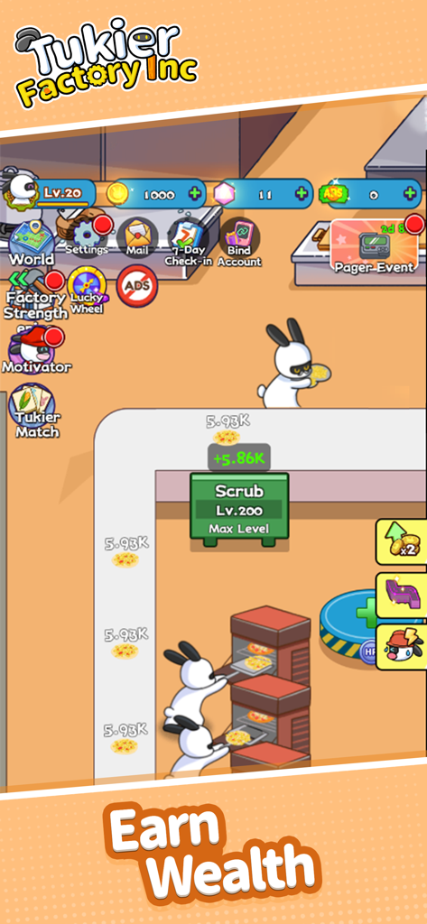 Tukier Factory Inc.-Idle Game - Adorable bunnies working in a kitchen factory assembly line in Tukier Factory Inc idle game