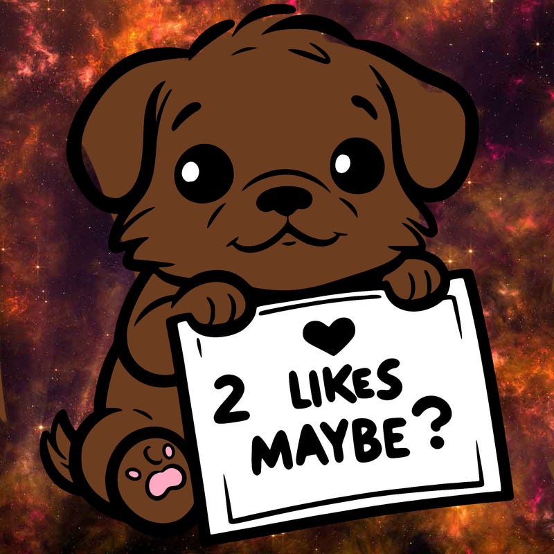 a puppy holding a sign that says 2 likes maybe?