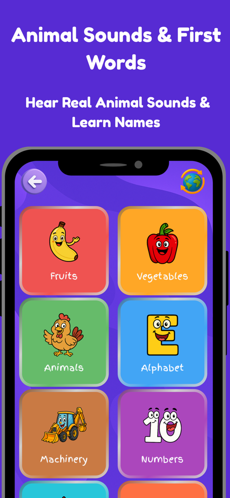 MiaLoo: Toddler Learning Games - Interfaz de la aplicación MiaLoo que muestra categorías de aprendizaje para niños pequeños, incluyendo animales, alfabeto, frutas y números.