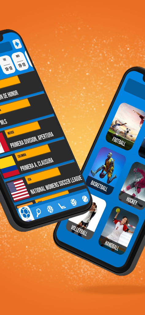 Fair Play - Live Scores - Dois smartphones exibindo as interfaces do aplicativo Fair Play para categorias esportivas e listas de placares de ligas.