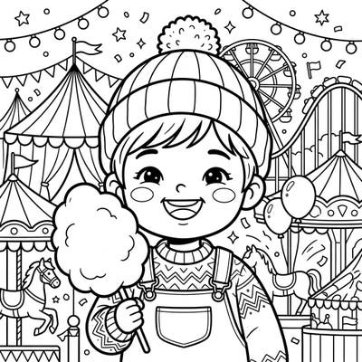 Step right up to a world of wonder with this delightful coloring page featuring a happy child enjoying a sweet cotton candy treat at a bustling carnival. Dive into a scene filled with exciting fairground rides and festive tents, perfect for an enchanting coloring adventure.