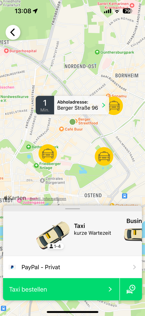 Taxi Deutschland - Taxi Deutschland App-Oberfläche mit verfügbaren Taxis auf einer Karte mit Buchungsoptionen und PayPal-Zahlung