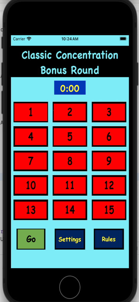 ClassicConcentration - Classic Concentration game screen showing a grid of 15 red numbered tiles for the bonus round.