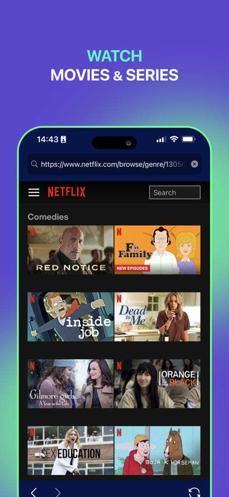 Mobile App-Oberfläche zum Ansehen von Filmen und Serien über einen privaten VPN-Browser.
