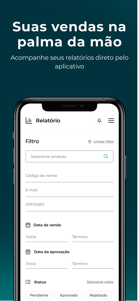 PerfectPay app interface showing the sales report screen with various filter options for products and transaction status