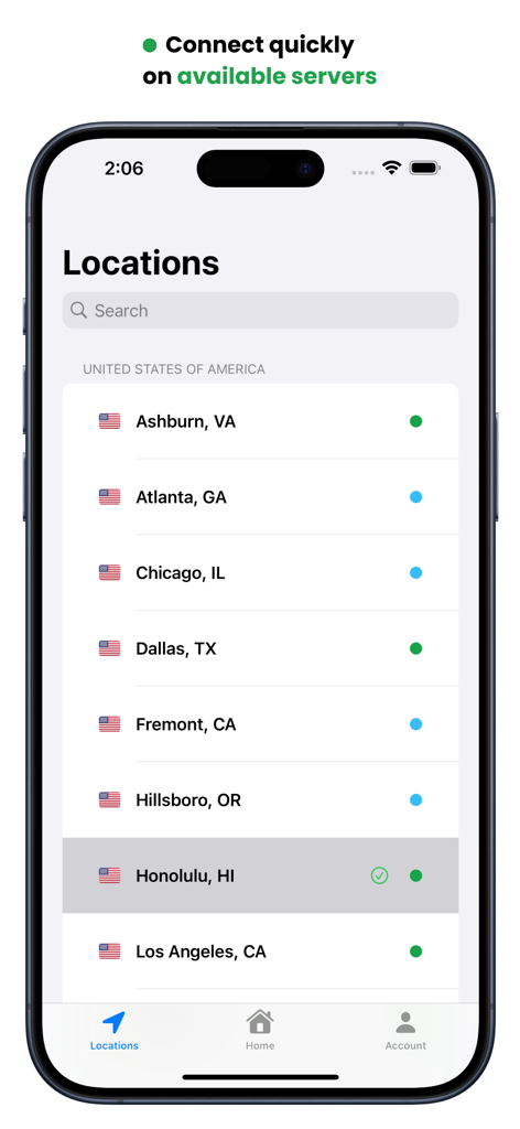 Serverless VPN - UpVPN - UpVPN mobile app interface showing a list of available VPN server locations in the United States with green and blue status indicators