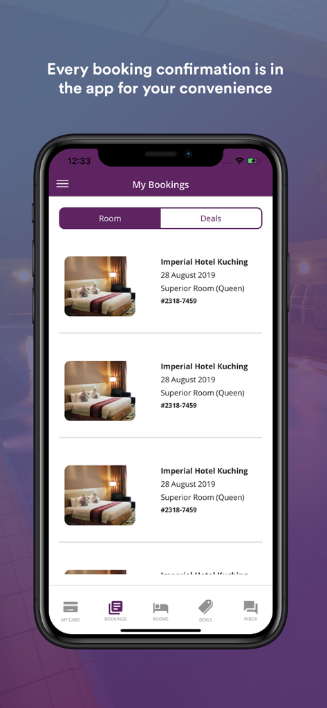 One Imperial Rewards - Screenshot of the My Bookings screen in the One Imperial Rewards app displaying hotel room reservations at Imperial Hotel Kuching.