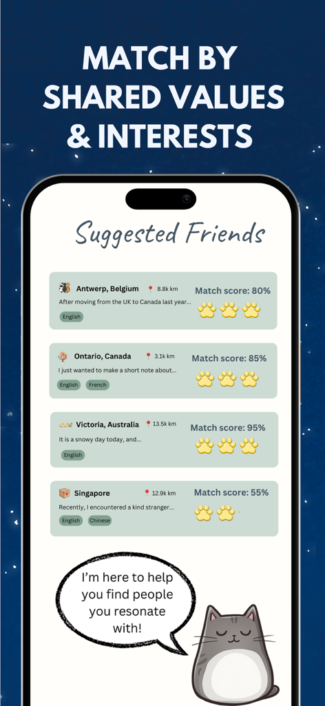 Bubblic: Connect with people. - Interfaz de la aplicación Bubblic que muestra amigos sugeridos basados en valores e intereses compartidos.