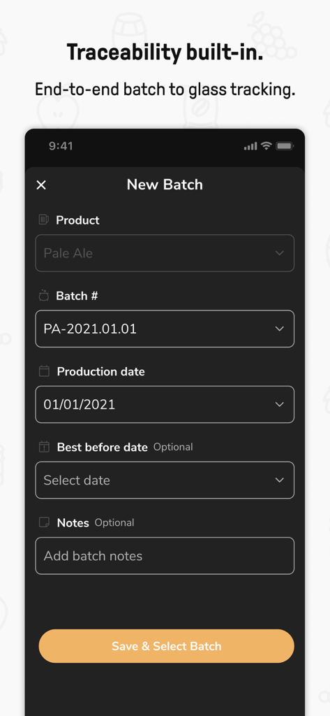 Kegshoe - Keg Tracking - A screenshot of the Kegshoe app showing a new batch form with fields for product name batch number production date and notes for brewery inventory tracking.