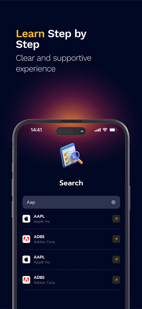 Stock Trading Online - Mobile app search screen showing stock options for Apple and Adobe.