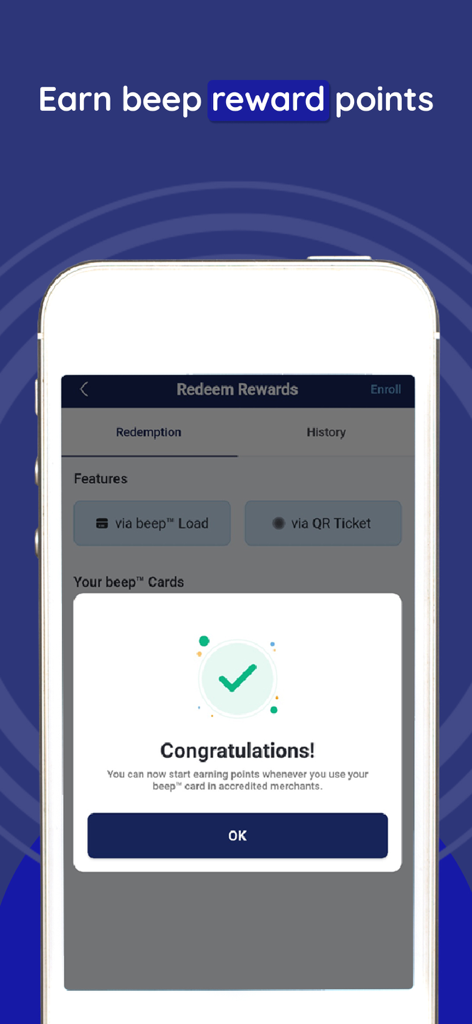A smartphone screen displaying the beep app rewards enrollment confirmation message