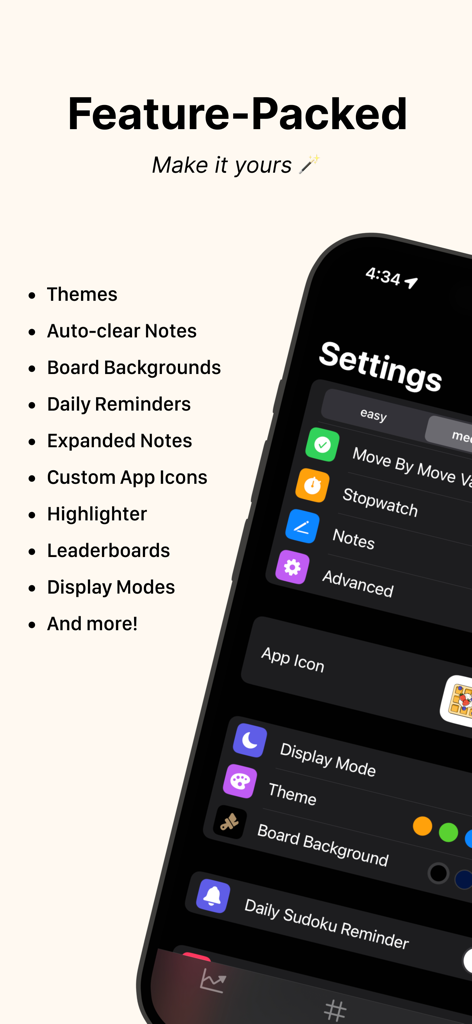 Pantalla de configuración de la app Not Evil Sudoku mostrando varias funciones de personalización y juego.