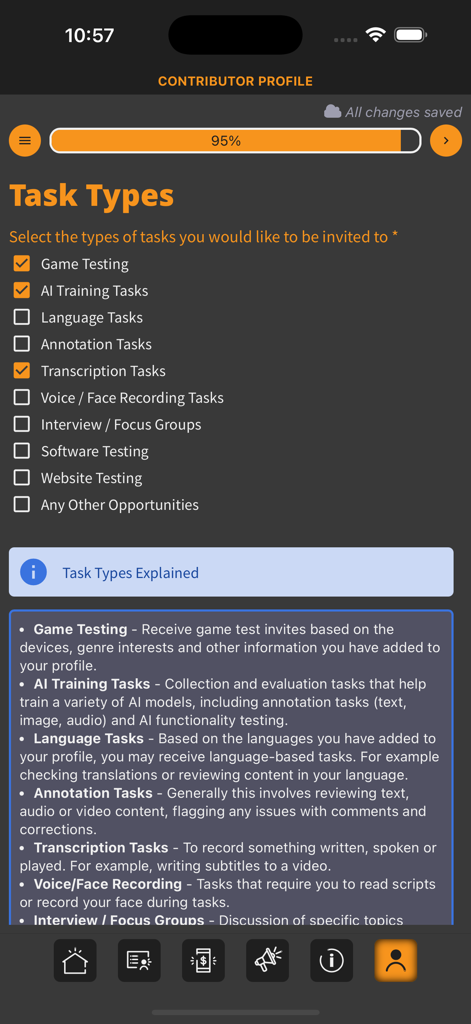 Aurora Studio App - Pantalla de perfil de colaborador de la aplicación Aurora Studio que muestra diferentes opciones de selección de tareas