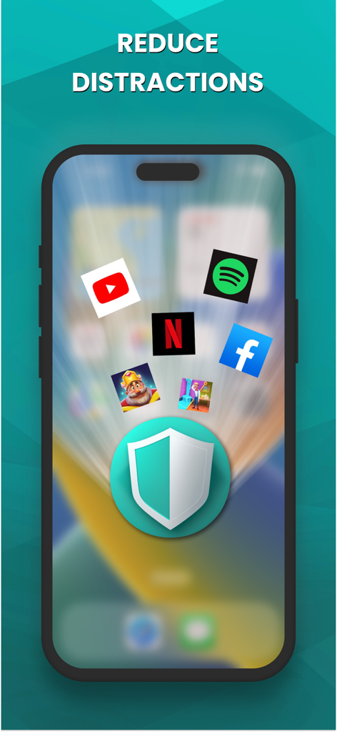 Pantalla de iPhone mostrando un icono de escudo bloqueando apps que distraen como YouTube Netflix y Facebook para mejorar el enfoque digital