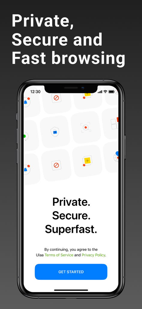 Ulaa Browser - Ulaa Browserアプリのオンボーディング画面がスマートフォンに表示され、プライベートで安全なブラウジング機能が表示されています