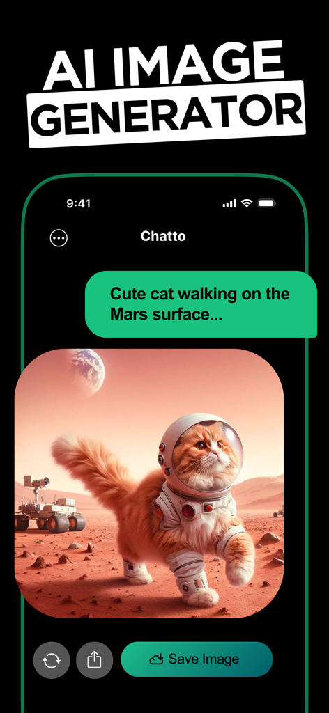Interface of Chatto app's AI image generator showing a ginger cat in an astronaut suit walking on the surface of Mars.