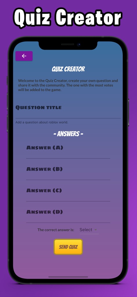 RBX & Codes: Skins Coins - In-app screen showing the Quiz Creator interface with fields for questions and multiple-choice answers