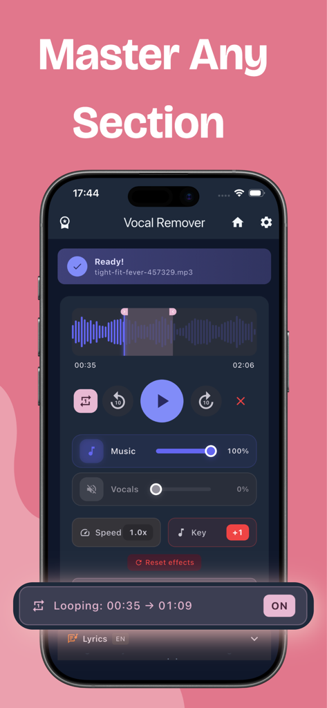 Vocal Remover - MusicSeparator - オーディオルーピングとボーカル分離コントロールがアクティブになっているVocal Removerアプリを表示するスマートフォン。